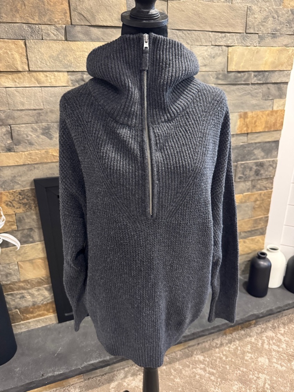 aerie Charcoal Gray Ribbed Half-Zip V-Neck Sweater